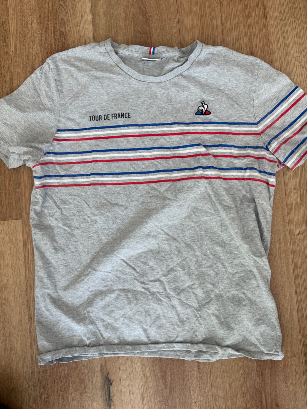 Le Coq Sportif Gray Short Sleeve Tee with Red & Blue Stripes